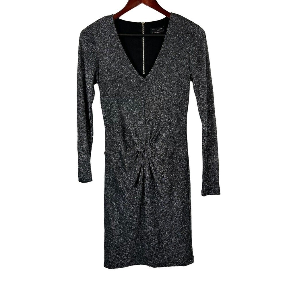 Ted Baker Size 1 US 4 Lizzey Front Twist Sparkle Dress Party Cocktail Black Silv